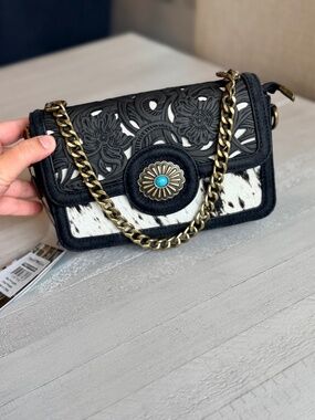 Trinity Ranch Cowhide Floral Cutout Crossbody Bag Black